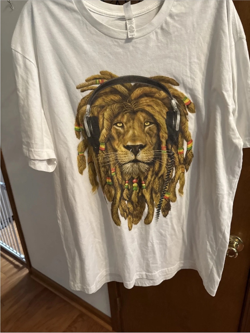 Next Level Apparel White T‑Shirt with Lion Dreadlocks and Headphones Graphic